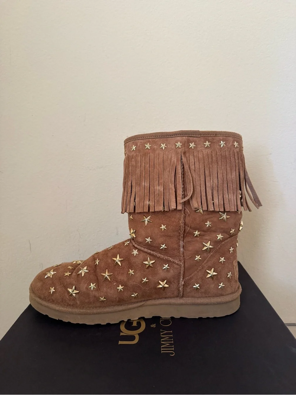 Ugg x Jimmy Choo Starlit Studded Boots Fringe Suede Chestnut US 11